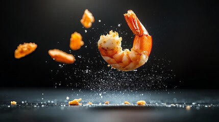 A stunning shrimp captured in mid-air, showcasing freshness and culinary appeal against a dark backdrop.