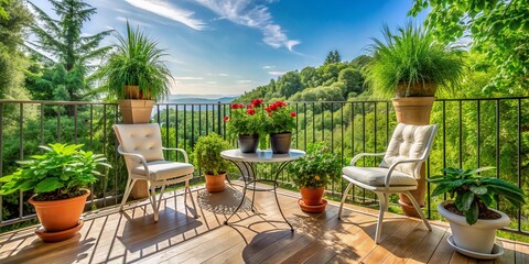 Fototapeta premium Serenity awaits on this tranquil balcony, adorned with lush green potted plants and two crisp white chairs, perfect for relaxation and taking in the scenic view.