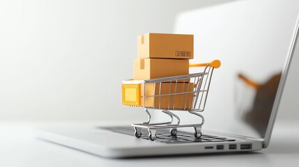 A shopping cart with boxes on a laptop, symbolizing online shopping and e-commerce convenience.