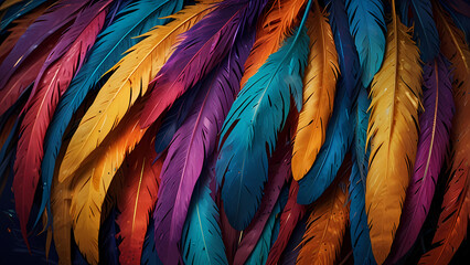 Obraz premium Abstract composition of vibrant, colorful feathers arranged in a circular motion
