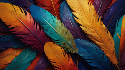 Abstract composition of vibrant, colorful feathers arranged in a circular motion