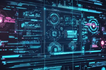 Obraz premium A digital display of a cybersecurity framework outlining different security layers and defensive measures. Visual elements include intrusion, Generative Ai