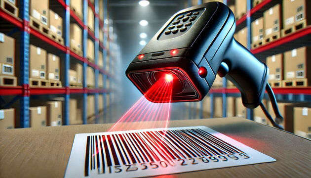 A close-up, realistic image of a barcode scanner verifying product codes for accuracy, inventory, and quality control. The scanner is sleek and modern