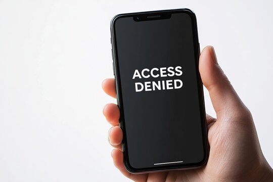 a man holding a smartphone and the screen showing the word " Access Denied" , illustrating forgetting password or the smartphone  is being hacked