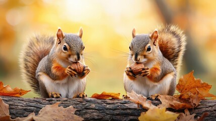 Squirrel couple sharing a nut on a tree branch, with autumn leaves in the background, highlighting friendship in a cozy fall setting