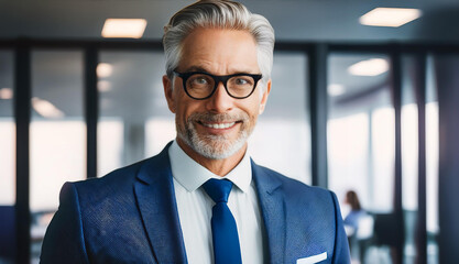 Fototapeta premium Smiling American businessman wearing suit standing in office