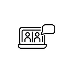 Video Conference icon. Simple outline style icon depicting a video conference on a laptop screen. Perfect for representing remote teamwork in web design, mobile apps. Vector illustration