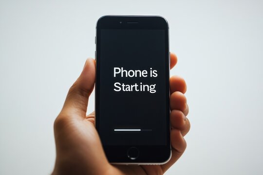 a man holding a phone and the screen showing the text " phone is starting" , illustrating phone is booting up