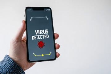 a man holding a phone and the screen showing the word " Virus Detected" , illustrating a smartphone infected by a virus"
