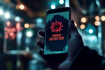 a man holding a phone and the screen showing the word " Virus Detected" , illustrating a smartphone infected by a virus"
