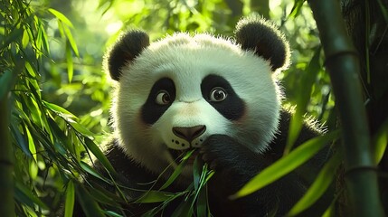 Obraz premium Panda Chewing Bamboo in Green Forest