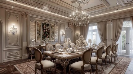 Elegant formal dining room with large dining table for a fine dining experience AI generated image