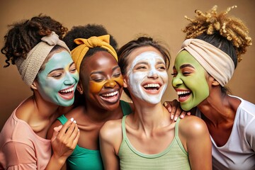 Fototapeta premium Four diverse young women share a fun moment while enjoying their skincare routine applying facial mask