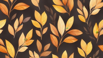 A seamless pattern of autumn leaves in warm orange and yellow tones against a dark background, perfect for seasonal design.