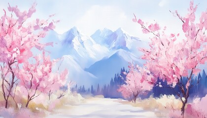 A serene landscape featuring pink blossoms and majestic mountains, capturing the essence of nature's beauty in springtime.