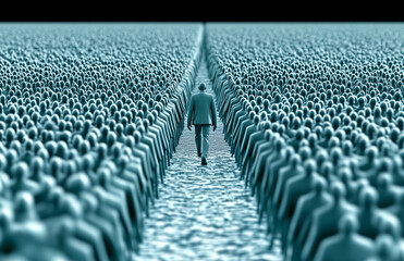 Naklejka premium A man walks down a long, empty street with a crowd of people behind him. Concept of loneliness and isolation, as the man is the only one moving forward in the scene