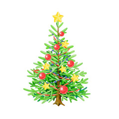 Bright Christmas tree decorated with red balls, stars and garlands in traditional colors illustration. Hand drawn vintage style fir tree with festive bright decoration. Winter holidays tree decor