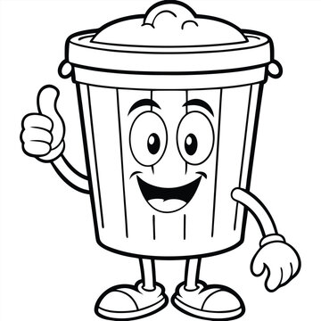 recommend clip art: Trash bin mascot vector cartoon line art illustration on a white background