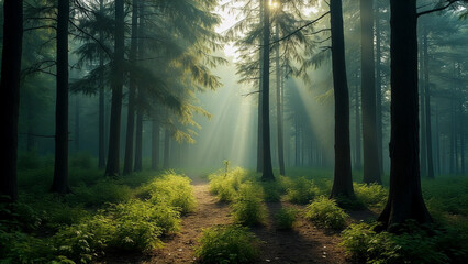 Obraz premium A forest with sunlight shining through the trees