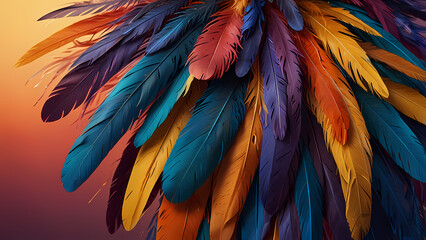 Obraz premium Abstract composition of vibrant, colorful feathers arranged in a circular motion