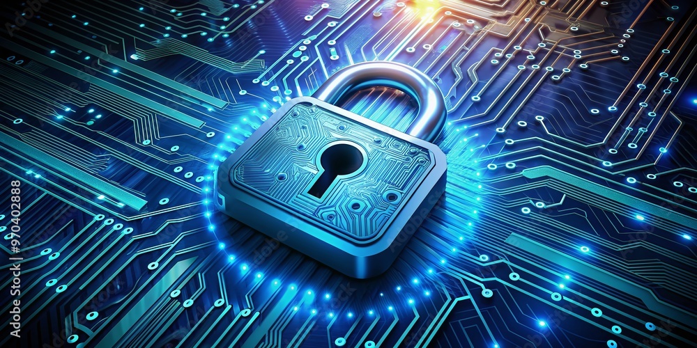 Poster a futuristic lock with intricate circuitry patterns and glowing blue lights, symbolizing advanced da