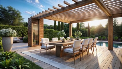 Fototapeta premium Sleek outdoor oasis features a wooden pergola, plush white chairs, and a stylish dining table, seamlessly merging sophistication with nature's serenity and beauty.