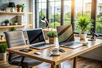 Fototapeta premium Modern office setup featuring a laptop and desktop computer side by side on a clutter-free desk, representing flexibility and choice in modern work environments.