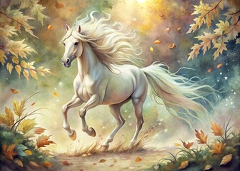 Naklejka premium A watercolor painting showcases a regal horse with flowing mane and tail, set amidst a whimsical backdrop of fluttering leaves and soft, shimmering light.