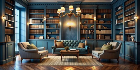 Cozy home library features a soothing blue wall, floor-to-ceiling bookshelves, plush armchairs, and warm lighting, creating a serene atmosphere for reading and relaxation.