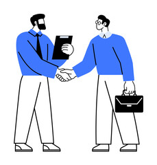 Two men shaking hands, one holding a clipboard, one with a briefcase. Ideal for business, partnership, collaboration, professionalism, and agreement. Minimalist vector style.