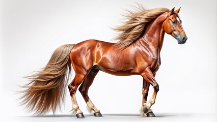 Obraz premium Magnificent brown horse with a shiny coat and flowing mane stands alone on a pure white background, showcasing its elegant beauty and strength.