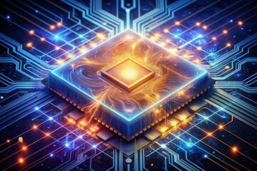 Fototapeta premium Futuristic digital illustration of a glowing computer processor, surrounded by swirling abstract patterns, representing the innovative power of generative artificial intelligence.