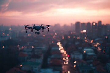 Drone Flying Over Cityscape at Sunset