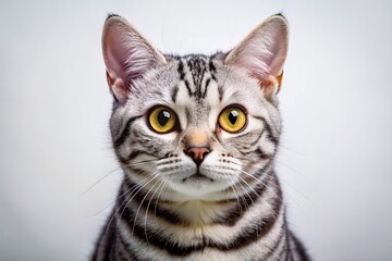 Fototapeta premium Adorable American Shorthair cat with bright eyes and radiant smile, posing on a pristine white background, showcasing its distinctive facial features in stunning high resolution.