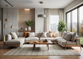 Fototapeta premium Sleek, modern living room with minimalist decor, featuring a neutral color palette, natural textiles, and sleek surfaces that exude simplicity and sophistication.