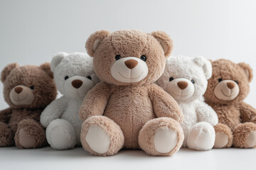 Neatly Arranged Plush Teddy Bears on White Background - Full View, Soft Toys Display