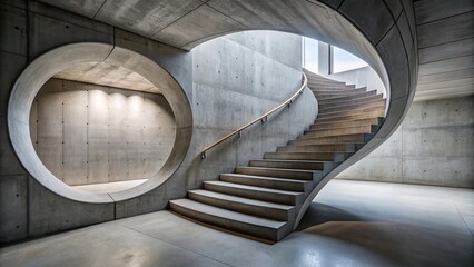 Fototapeta premium A winding concrete staircase unfolds, its curved hollow back creating a striking visual axis, drawing the eye upward to an architectural focal point of elegance and sophistication.