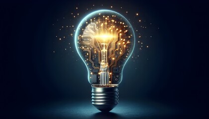 Glowing light bulb with circuit board inside on dark blue background, mockup. Innovation concept.
