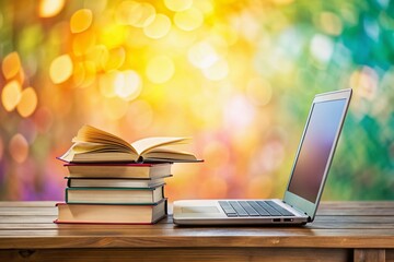 Open laptop and stacked books on a wooden desk against a vibrant, abstract background, representing e-learning, online education, and modern academic pursuits.