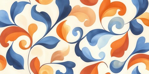 A vibrant floral pattern featuring swirling leaves in blue, orange, and cream hues perfect for decorative designs.