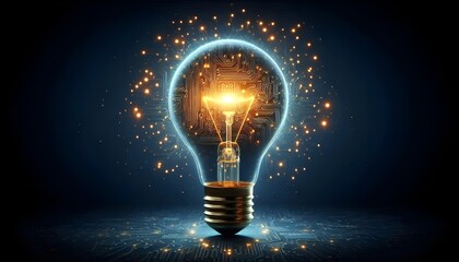 Glowing light bulb with circuit board inside on dark blue background, mockup. Innovation concept.