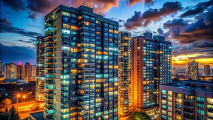 Obraz premium Vibrant nighttime cityscape featuring a towering apartment building with illuminated windows, set against a dark urban backdrop, evoking a sense of urban solitude and mystery.