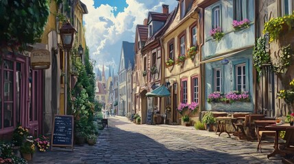 Fototapeta premium A charming cobblestone street lined with quaint shops and cafes, bathed in warm sunlight. Flowers bloom in window boxes and potted plants, adding a touch of color and life to the scene. 