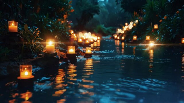 Beautiful candle-filled river, smooth looping video