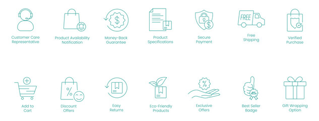 Customer Care Representative, Product Availability Notification, Money Back Guarantee, Product Specification, Secure Payment, Free Shipping, Verified Purchase, Add to Cart vector icon set