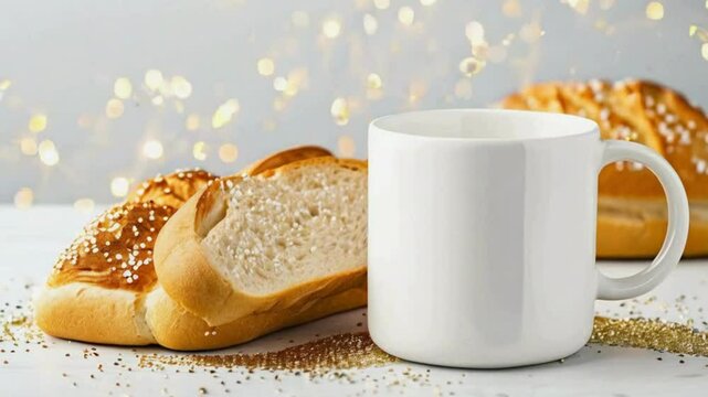 Blank Mug Mockup with Fresh Bread, Bakery and Food-Themed Designs, Cozy and Rustic Product Display for Branding, Breakfast and Cafe Branding, Food and Beverage Marketing Designs
