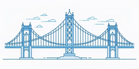 Obraz premium Intricate line drawing of iconic suspension bridge with art deco details, rendered in precise blue and white hues, against a crisp white background.