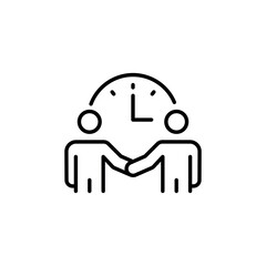 Business agreement icon. Simple outline design depicting two people shaking hands under a clock, symbolizing time management and partnership. Ideal for business deals. Vector illustration