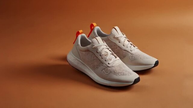 A pair of beige sneakers with orange pull tabs rest on an orange background.
