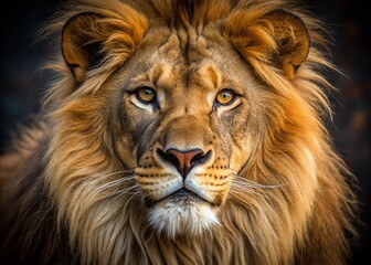 Fototapeta premium Majestic lion's regal face fills the frame, its tawny fur and whiskers sharp, with a fierce yet gentle gaze, exotic elegance, and raw power.